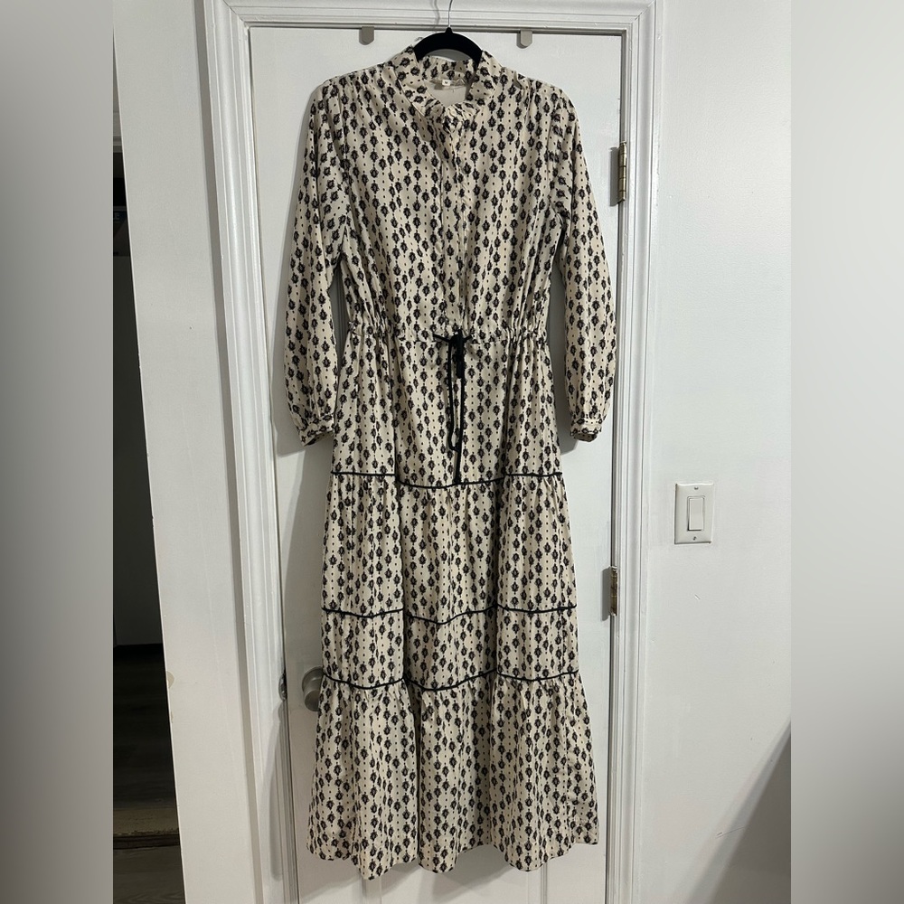 HARPER Patterned Tiered Maxi Dress with Drawstring Waist - Size M